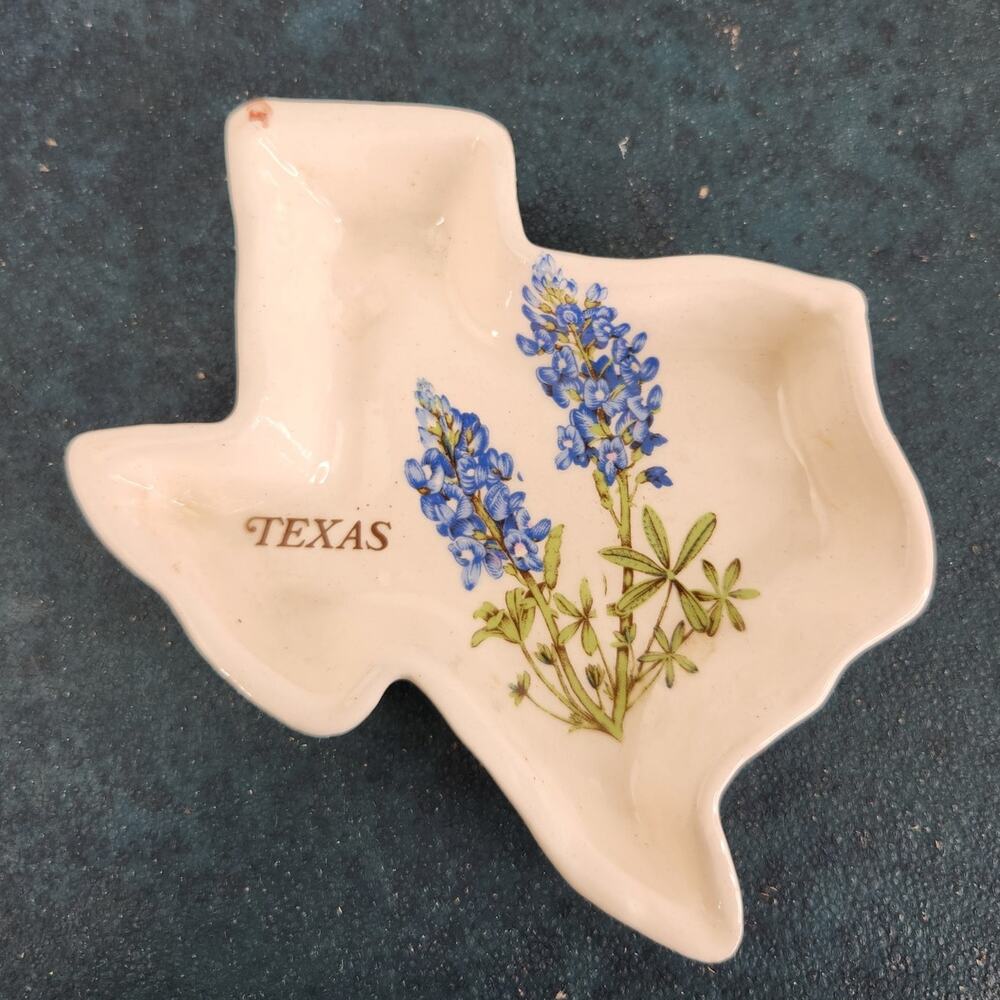 Vintage Texas Shapped Blue Bonnet Ceramic Ring Dish Trinket Bowl